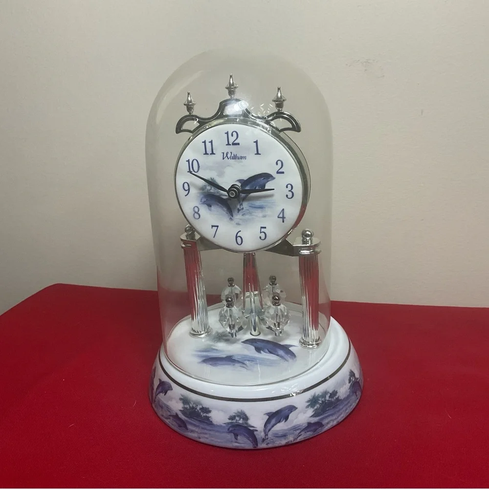 Waltham Dolphin Anniversary Clock Under Glass Dome Spinning Pendulum Working